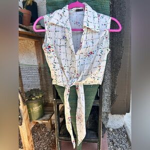 Vintage Floral Sleeveless Tie-Front Blouse